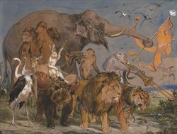 Gemälde mit verschiedenen Tieren: Elefanten, Kamele, Pferde und Vögel in einer Landschaft