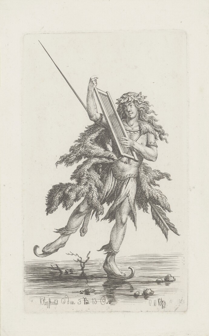 Carl Wilhelm Kolbe, d. Ä.  Schlittschuhläufer im Kostüm eines alten Barden, 1793–1794  Radierung, 18,6 × 11,4 cm Kupferstichkabinett © Hamburger Kunsthalle / bpk  Foto: Christoph Irrgang 