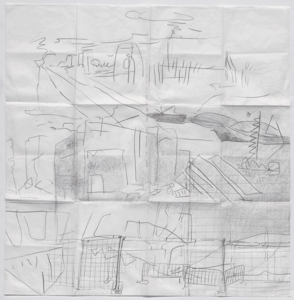 Fedele Maura Friede (*1997) Topografische Studien: Barcelona – Leipzig – Halmstad (3) (2024) Grafit auf Japanpapier, 69 x 67 cm © Fedele Maura Friede Foto: Christoph Irrgang