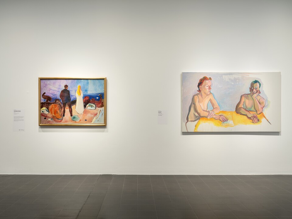 Ausstellungsansicht Maria Lassnig und Edvard Munch Malfluss = Lebensfluss Hamburger Kunsthalle 2026 Foto: Fred Dott, Munch: Munchmuseet, Oslo, © Maria Lassnig Stiftung / VG Bild-Kunst, Bonn 2026