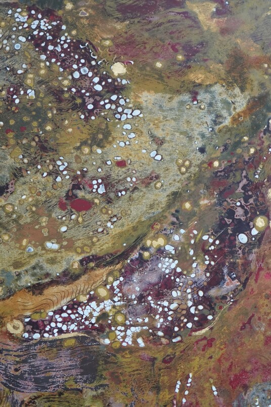 Truong Công Tùng, Day Wanes… Night Waxes, 2025 – ongoing, Detail: laquer on wood, egg shells, silver leaf, gold leaf, time and temperature, Series of 4 lacquer paintings, 160 x 90 x 5 each, Courtesy of the artist
