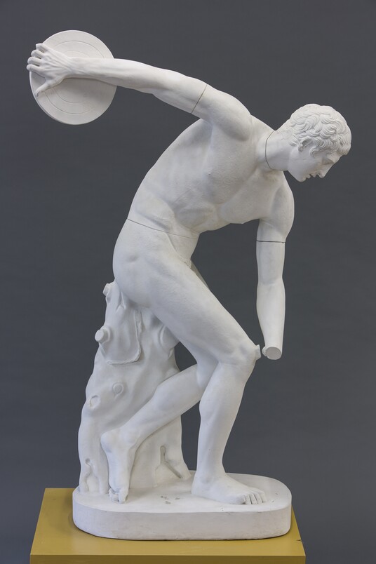 Antiker Diskuswerfer, Gipsabguss nach Diskobol des Myron, Original um 460 v. Chr., römische Kopie 117–138 n. Chr., 2. Hälfte 19. Jh.