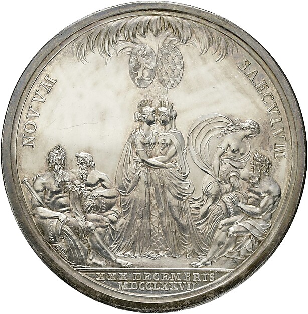 Silbermedaille mit allegorischer Darstellung einer gekrönten Herrscherfigur und knienden Personen