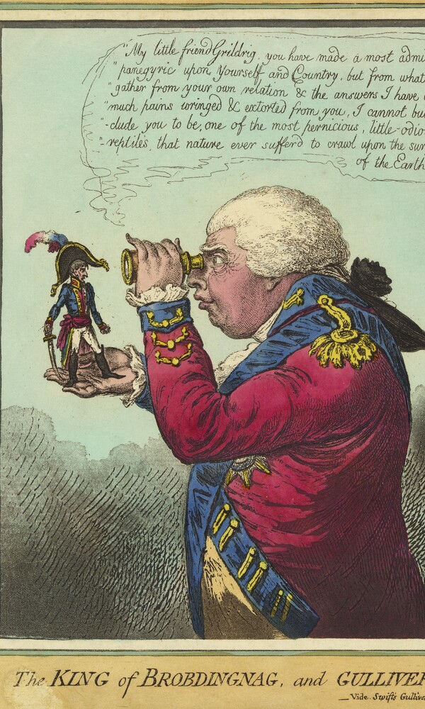 Historische Karikatur eines dickleibigen Mannes in roter Jacke von hinten, der eine kleine Figur betrachtet